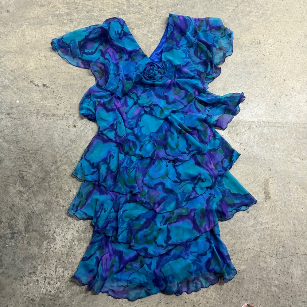 Cattiva VTG Blue Tiered Ruffle Rose Flutter Boho Mini Dress S/M Boho Y2k Retro